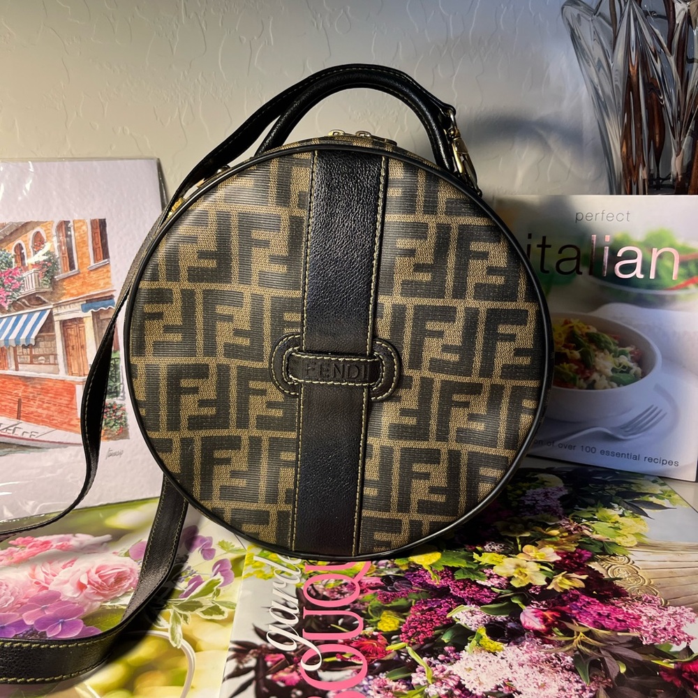 Authentic Vintage Fendi Canteen Purse in Zucca Brown with leather trim.